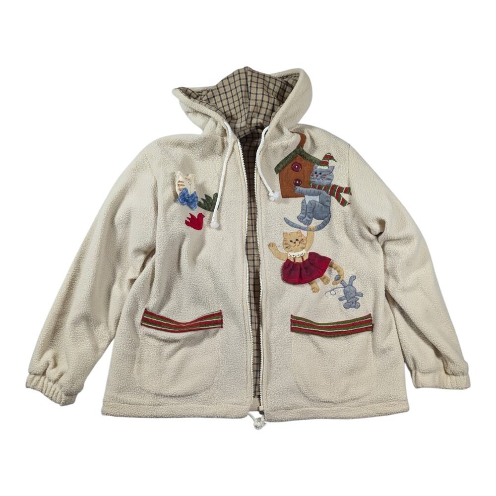 Vtg 1990s Ivory Fleece Holiday Cat Applique Hooded Lightweight Jacket Sz M